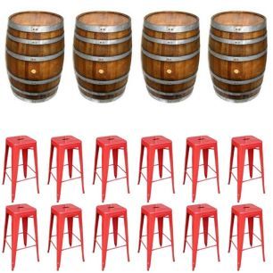 Rustic Wine Barrels and Stools Red