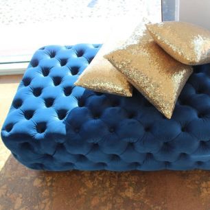 iris blue velvet button ottoman from above