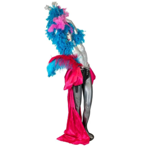 leaning silver mannequin pink and blue feathers
