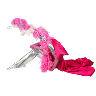 sitting pink mannequin pink feathers and satin sashes 