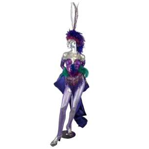standing purple mannequin purple feathers and satin sashes and beads