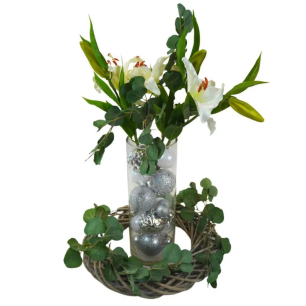 christmas baubles and lillies centrepiece