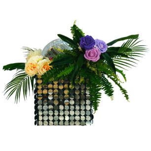 sequin blooms greenery table centrepiece