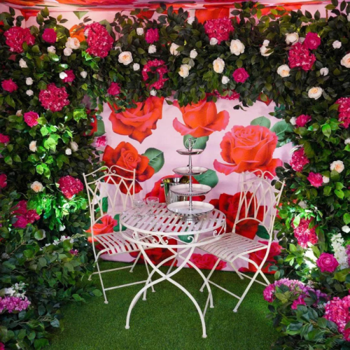 pink florals with wire table and seating