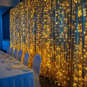 bridal table sequin fairy light backdrop