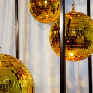 hanging golden mirror balls 