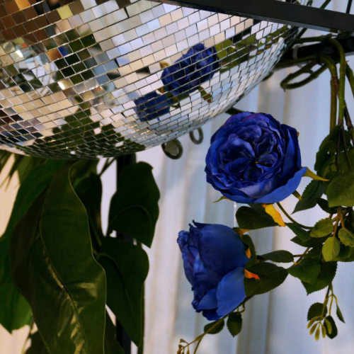 hangind blue rose and mirror ball