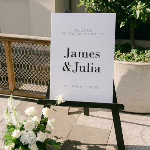 small black easel with wedding signage