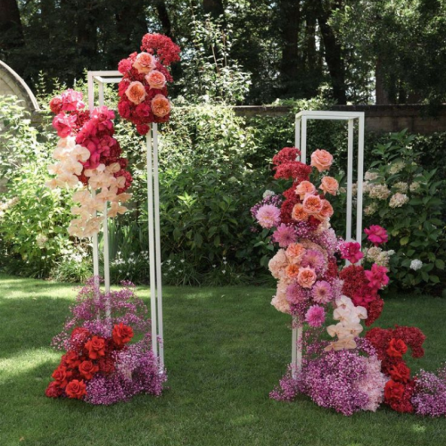 pink and purple floral display stands
