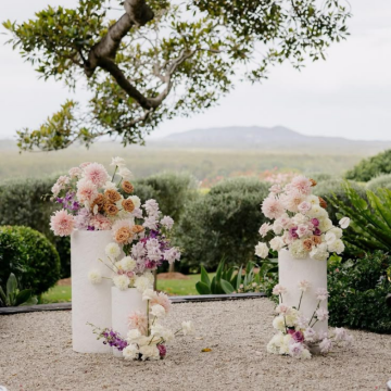 white floral pillars overlooking the hills