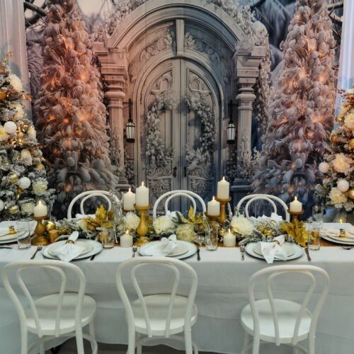 Winter christmas frosted door backdrop with white and gold table setting