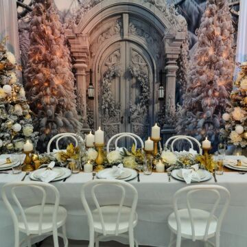 Winter christmas frosted door backdrop with white and gold table setting