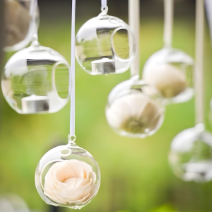 white roses in hanging glass candle holders