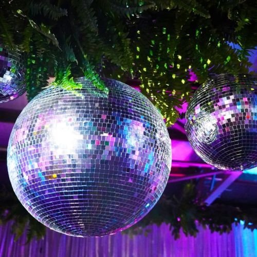 purple mirrorball hanging greenery