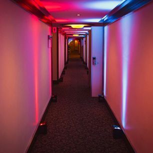 red and blue hallway freedom par quad four