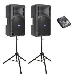 two RCF speakers and mixer