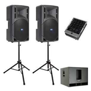 two speakers, mixer and subwoofer