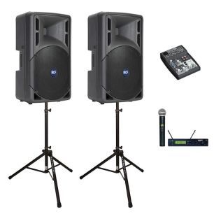two speakers, mixer, microphone